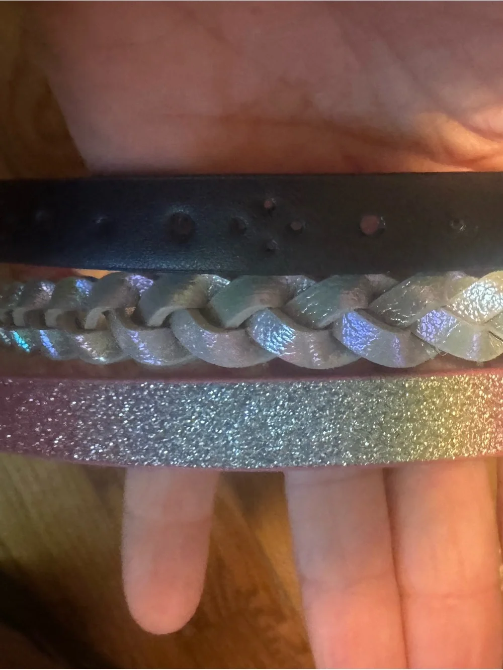 Cat & Jack Pink Glitter Rainbow Buckle, Black Round, Iridescent Braided Belt Set